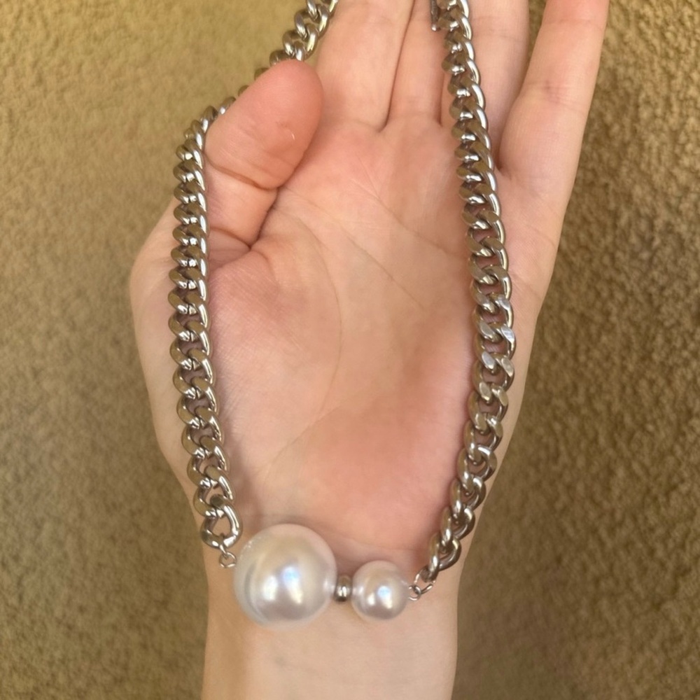 Silver Pearl Statement Chain Necklace Cuban Link - Picture 6 of 6
